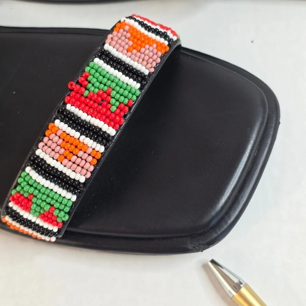 Farm‎ Rio Beaded Square Toe Slide Sandals Womens 10 Black Boho Tropical Resort